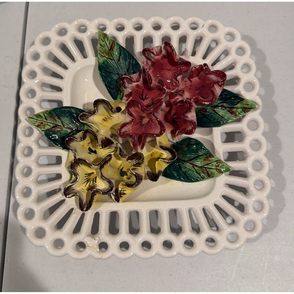 Vtg MCM Hand Painted 3D Floral Flower Porcelain Wall Decor. Made In Japan